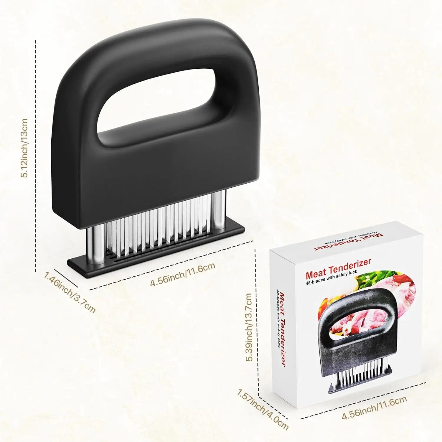 Meat Tenderizer Tool with 48 Stainless Steel Needle Blades, Safety Lock, Black ABS Handle for Steak Beef Pork Chicken