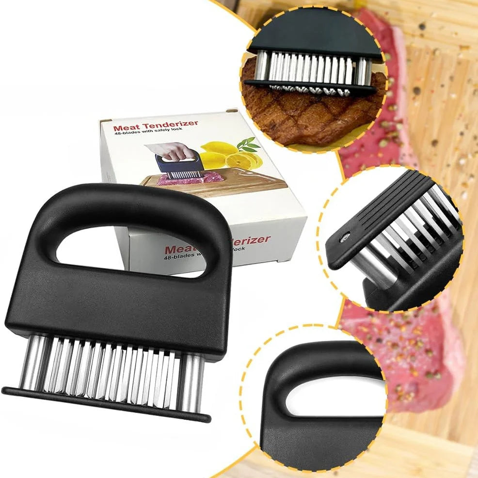 Meat Tenderizer Tool with 48 Stainless Steel Needle Blades, Safety Lock, Black ABS Handle for Steak Beef Pork Chicken